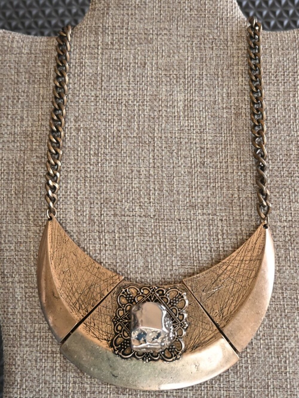 Brass Tone Crescent Bib  Chain Necklace with Faceted Metal  Stone  Vintage